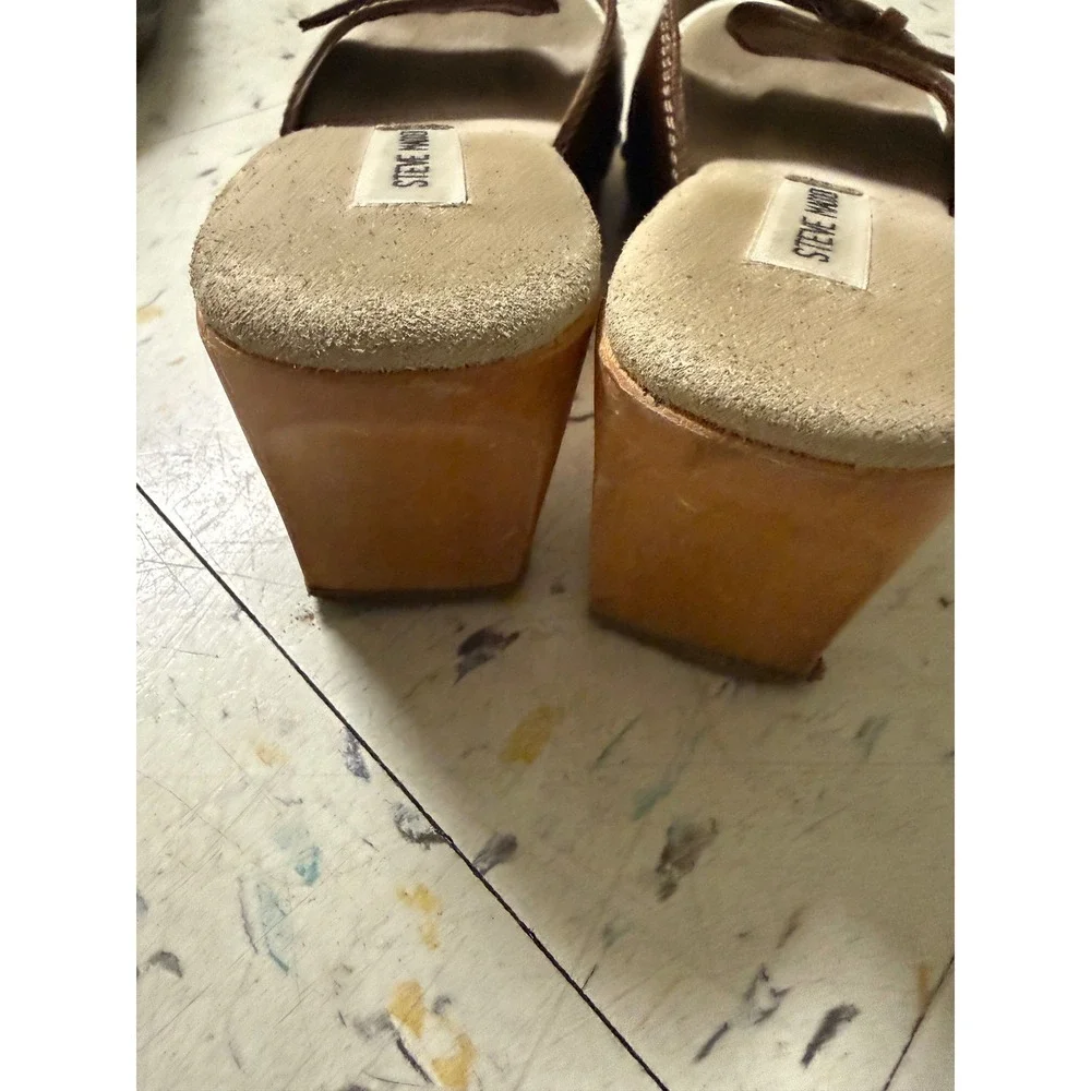 Steve Madden Brown Leather Wood Wedge Sandals Buckle Y2K Size 8 Festival Boho